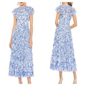 Mac Duggal 8009 Blue White Floral Chiffon Ruffle Gown Size 18 NWT